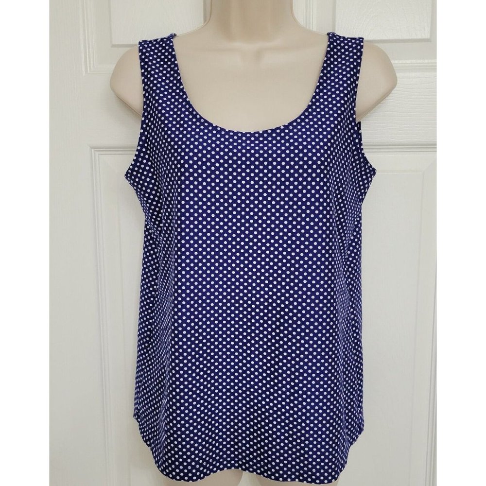 Chico's Size‎ 1 Blue Polka Dot Scoop Neck Stretch Nylon Blend Knit Tank Top